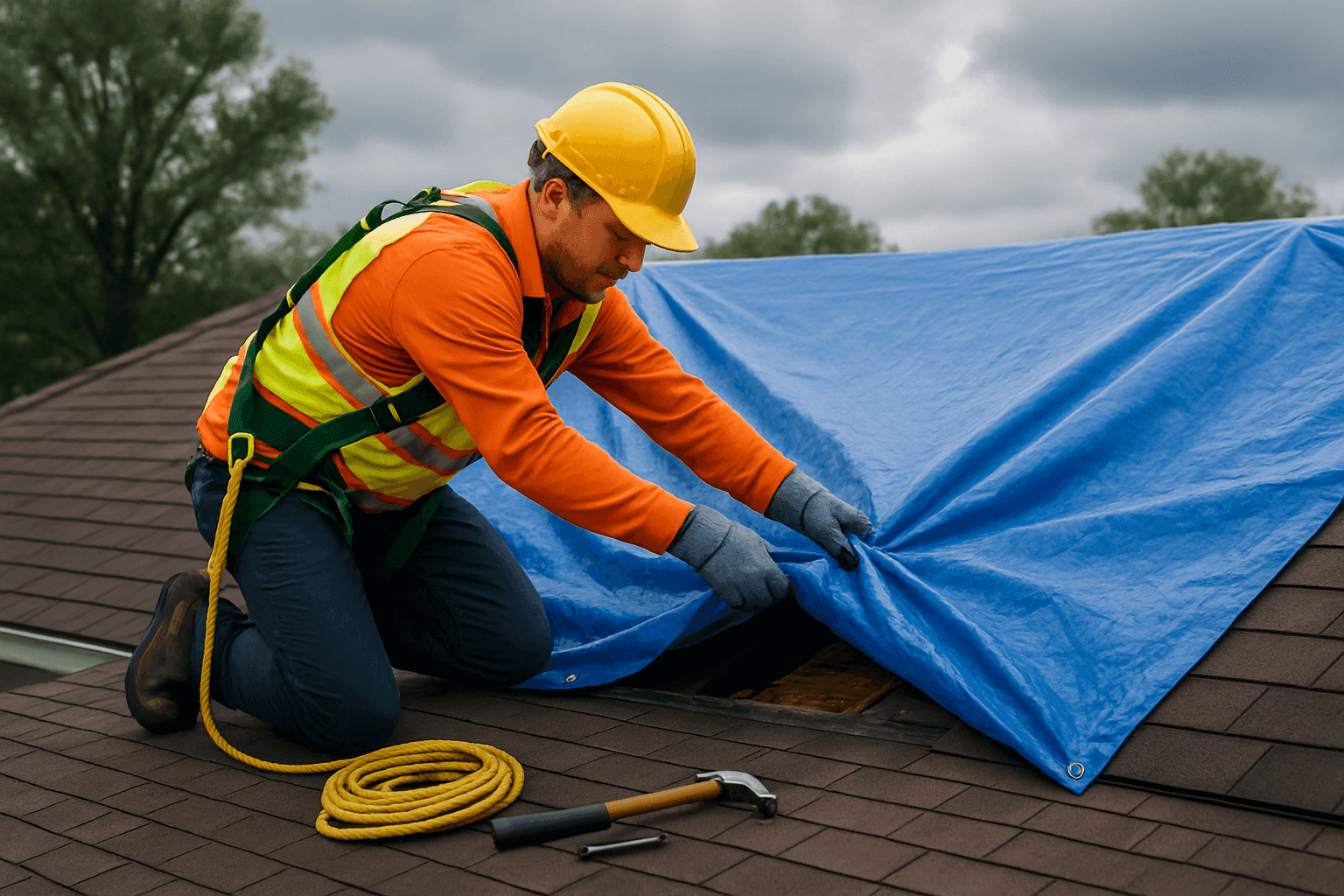 Technician applying emergency tarp to residential roof after storm