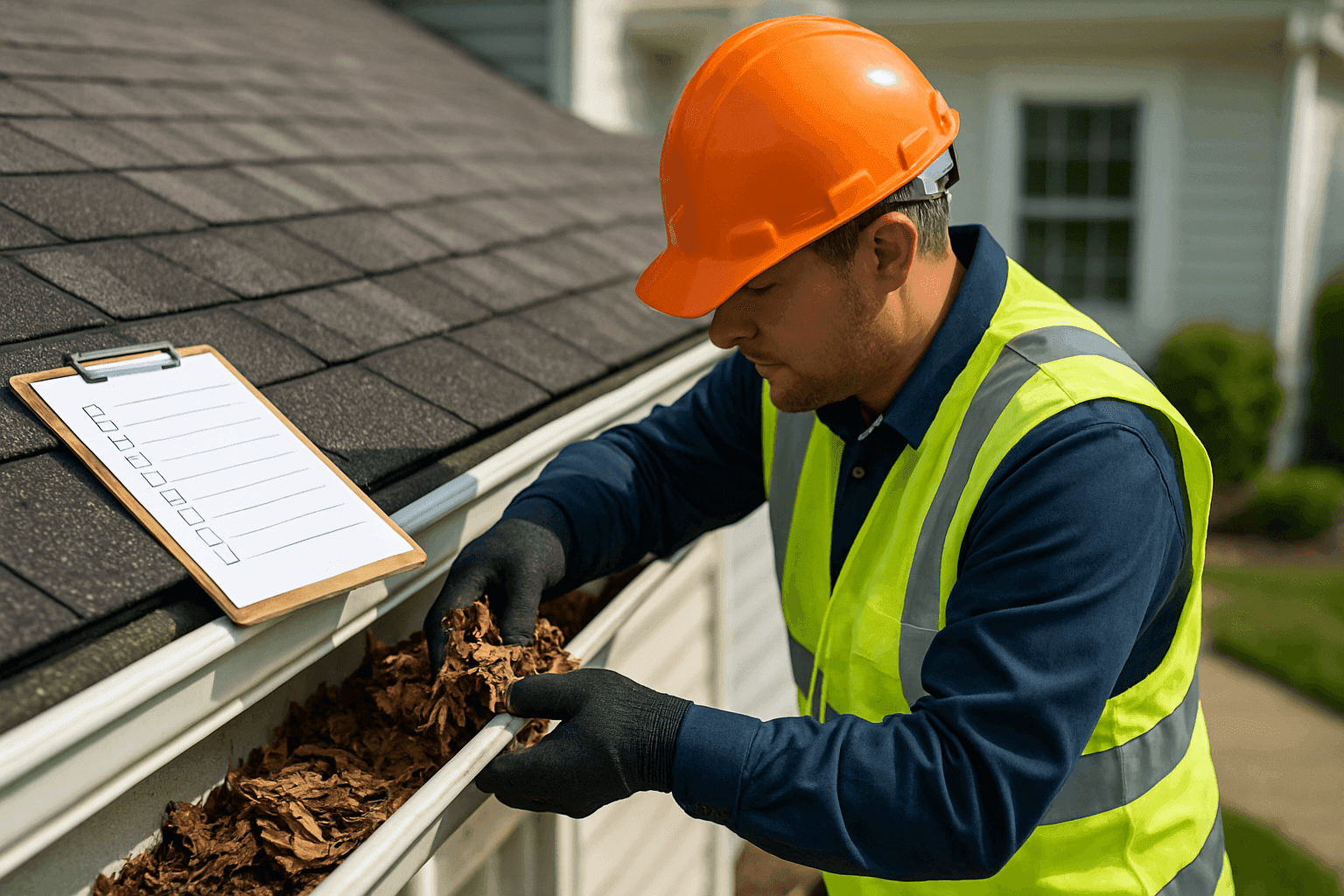 Technician cleaning debris from roof gutter during seasonal maintenance