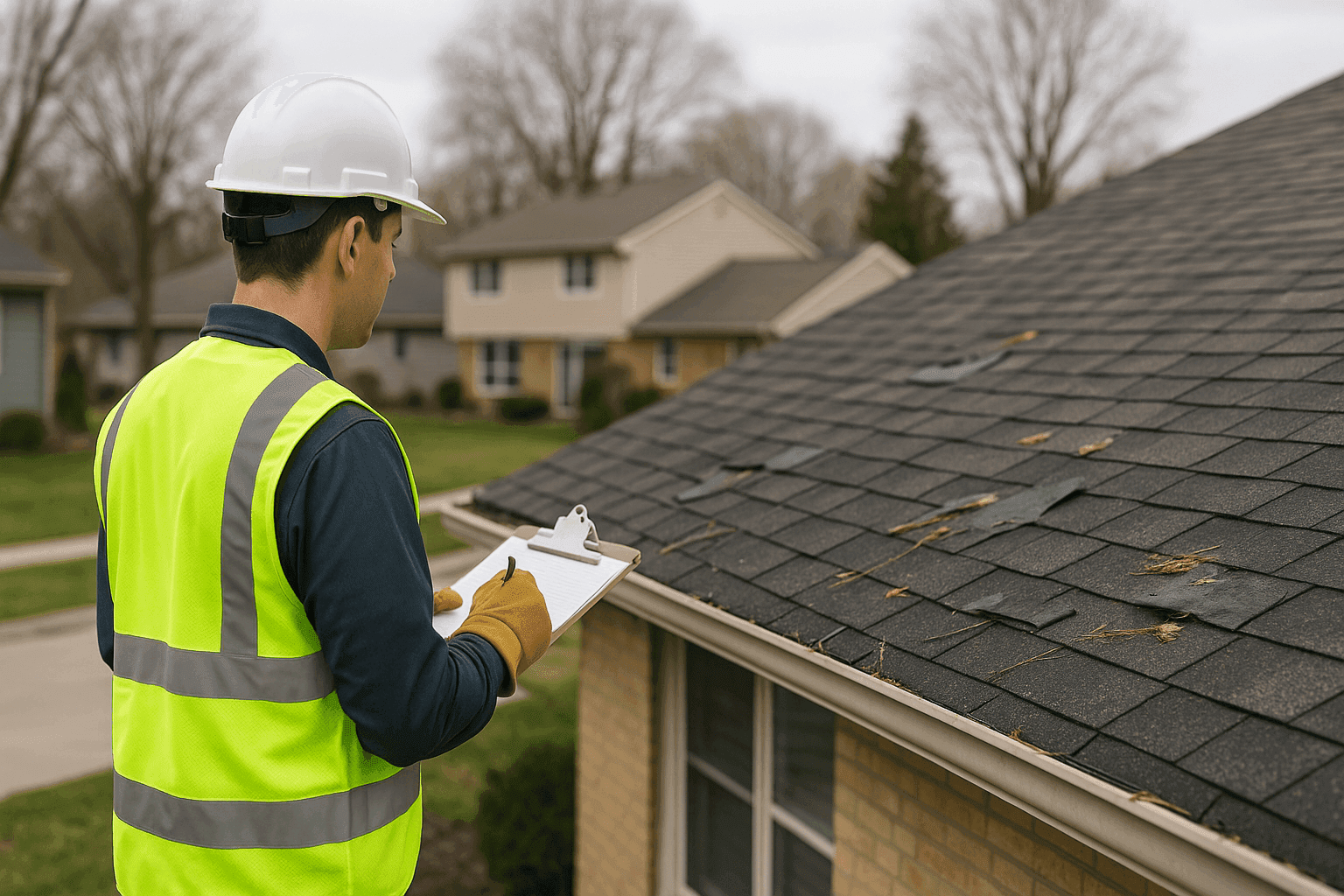 Damaged shingle roof and insurance adjuster inspecting after storm